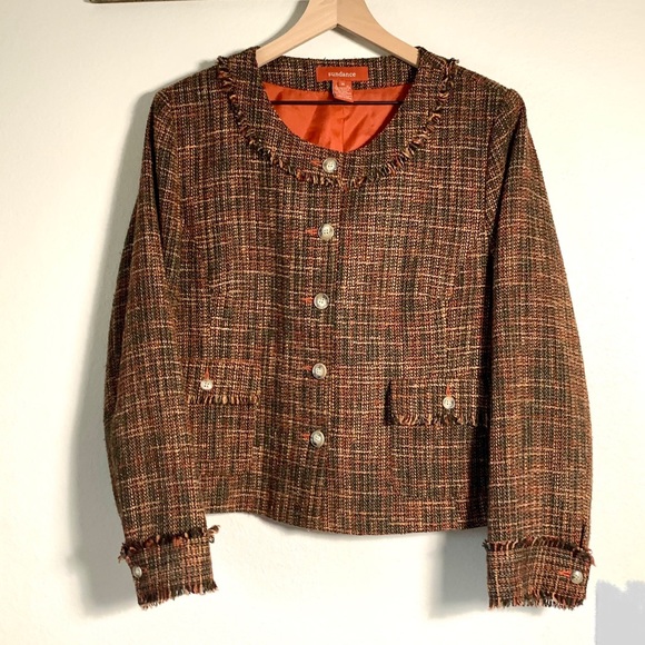 Sundance Tweed Fringe trim blazer Orange brown multicolored flap pockets 16 - Picture 1 of 9